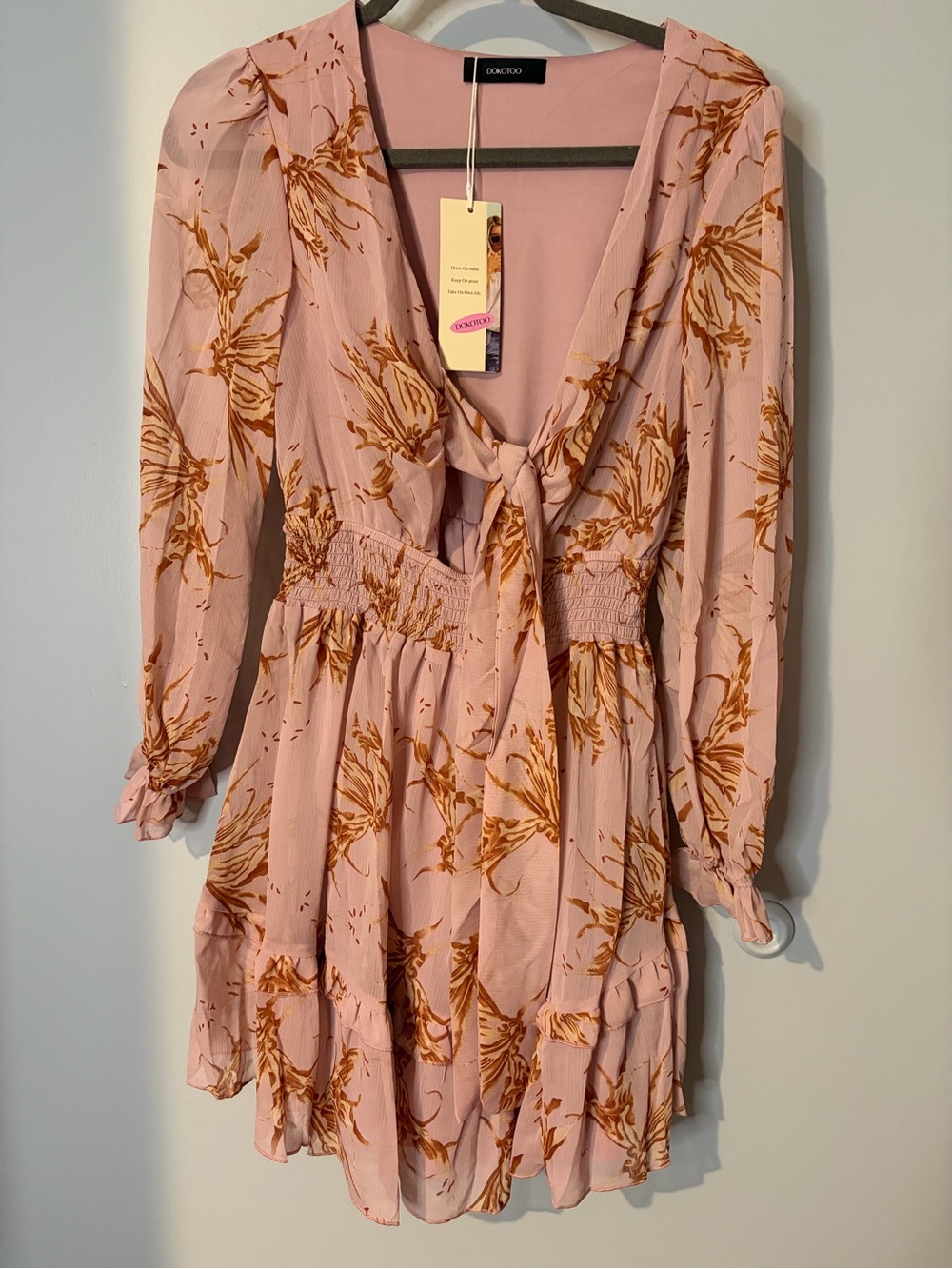 Dokotoo Blush Pink Floral Tie-Front Smocked Mini Dress